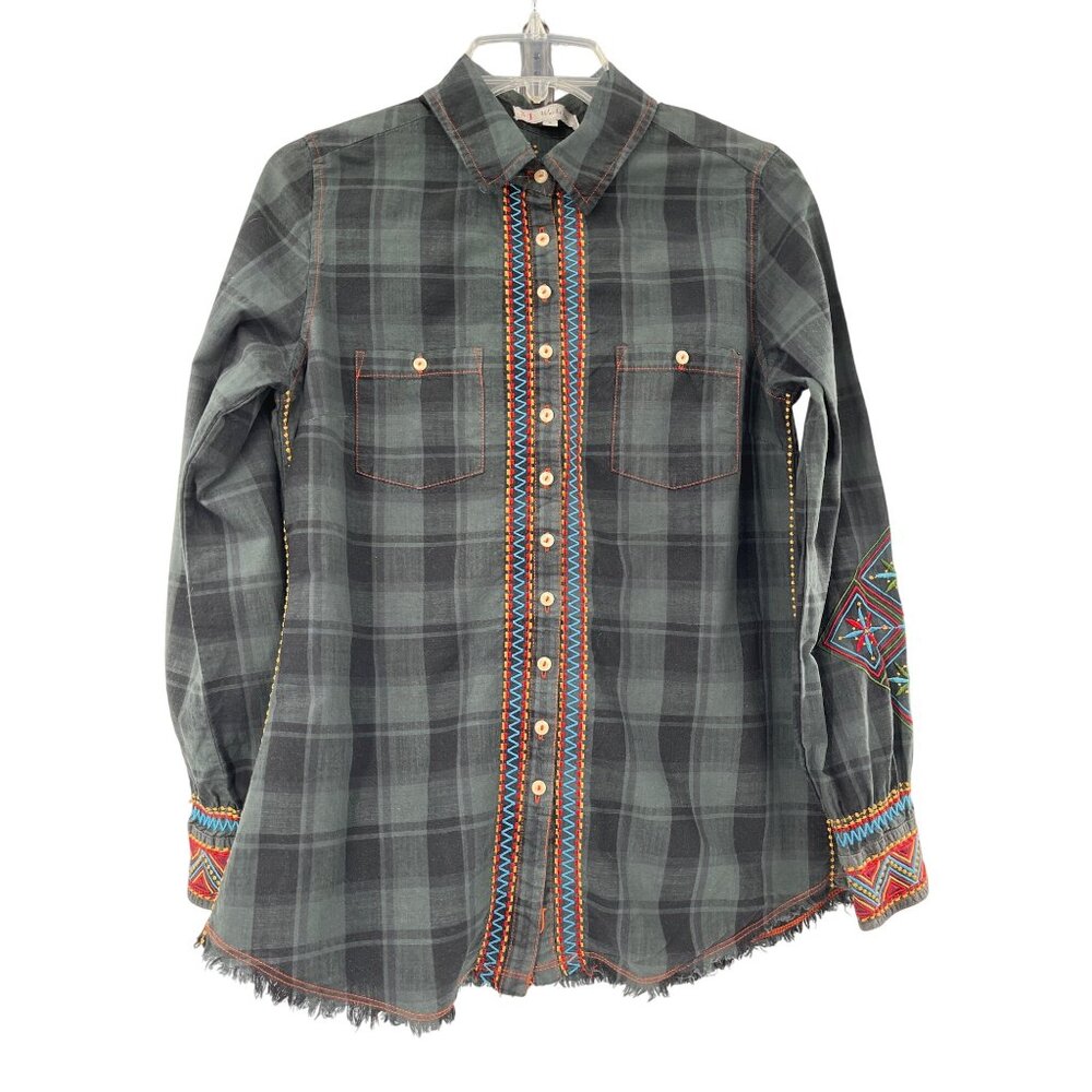 3J‎ Workshop Johnny Was Plaid Shirt Embroidered Accents Fringe Hem Womens S